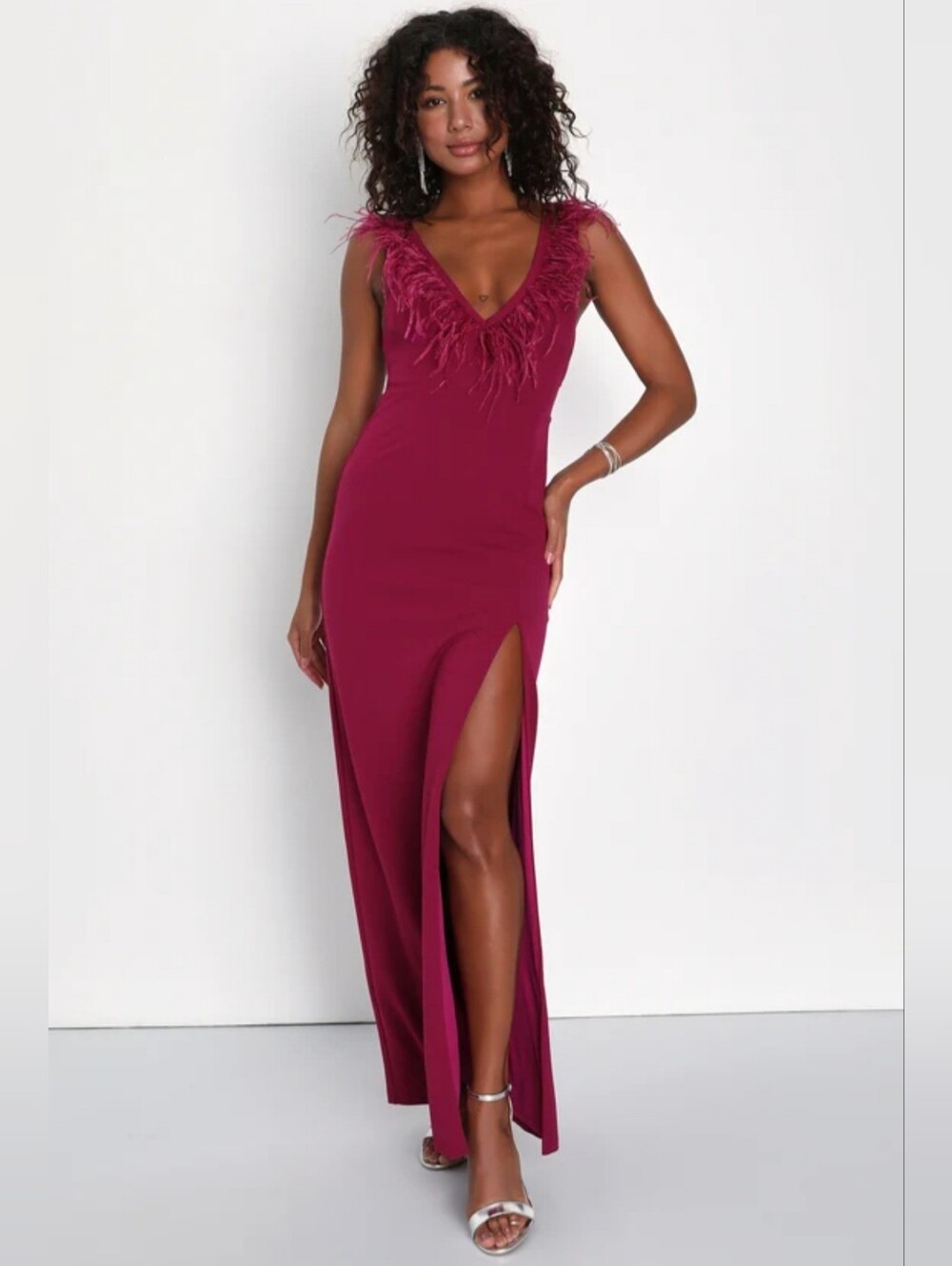 NWT Lulu’s Sensational Flair Magenta Berry Feather Sleeveless Bodycon Maxi Dress